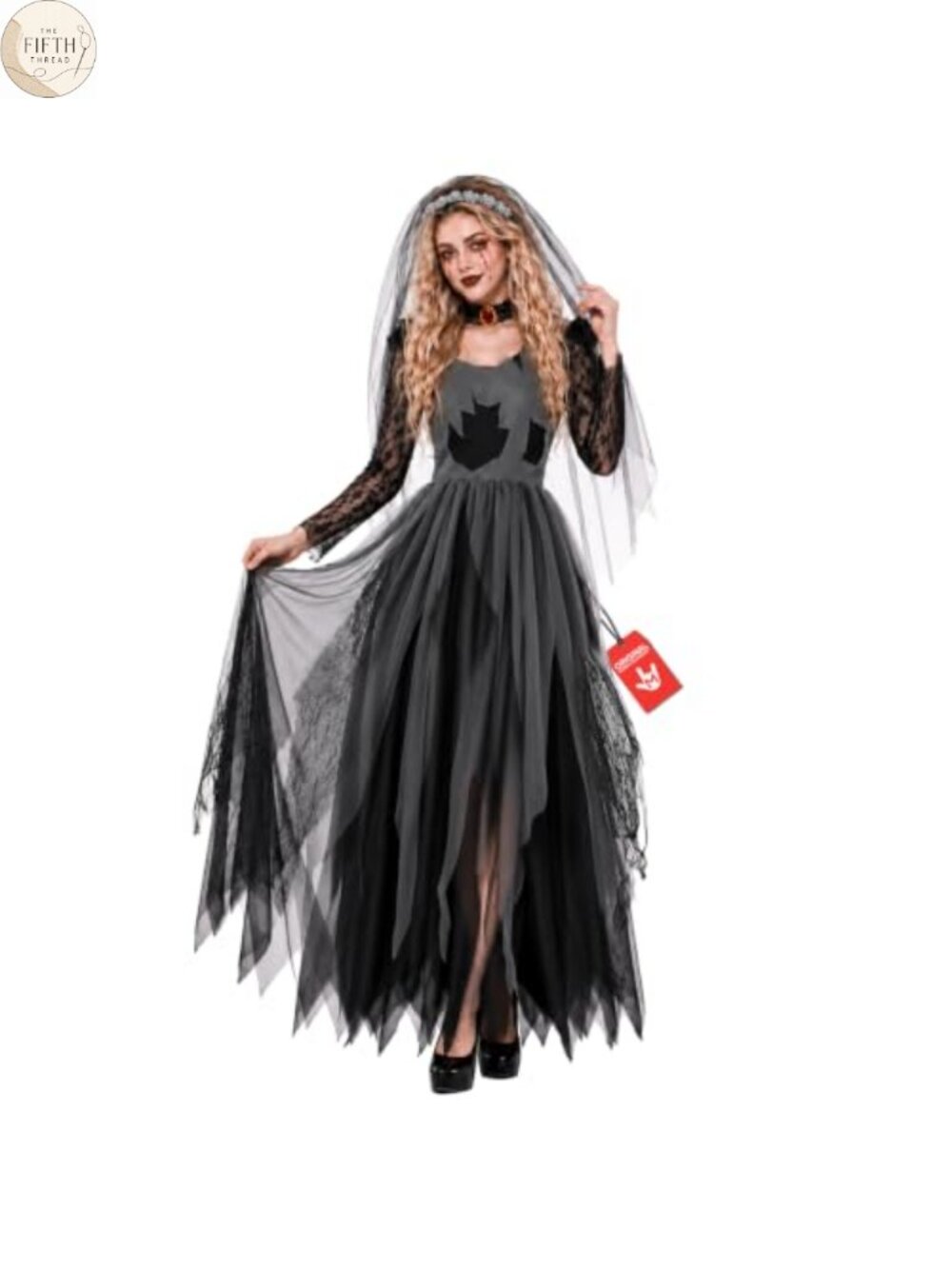 Zombie Bride Costume Women Black Dress Choker Veil Halloween Horror Party